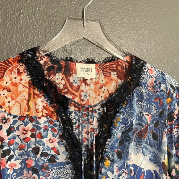 Hemant & Nandita 100% Silk Blue Floral Lace Trim Long Sleeve Maxi Dress Size M - Picture 5 of 8